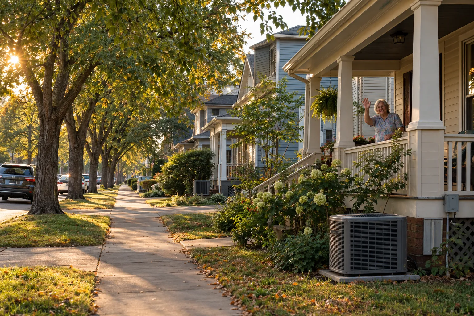 A frame house and bungalow neighborhood in Independence with outdoor AC units beside the homes